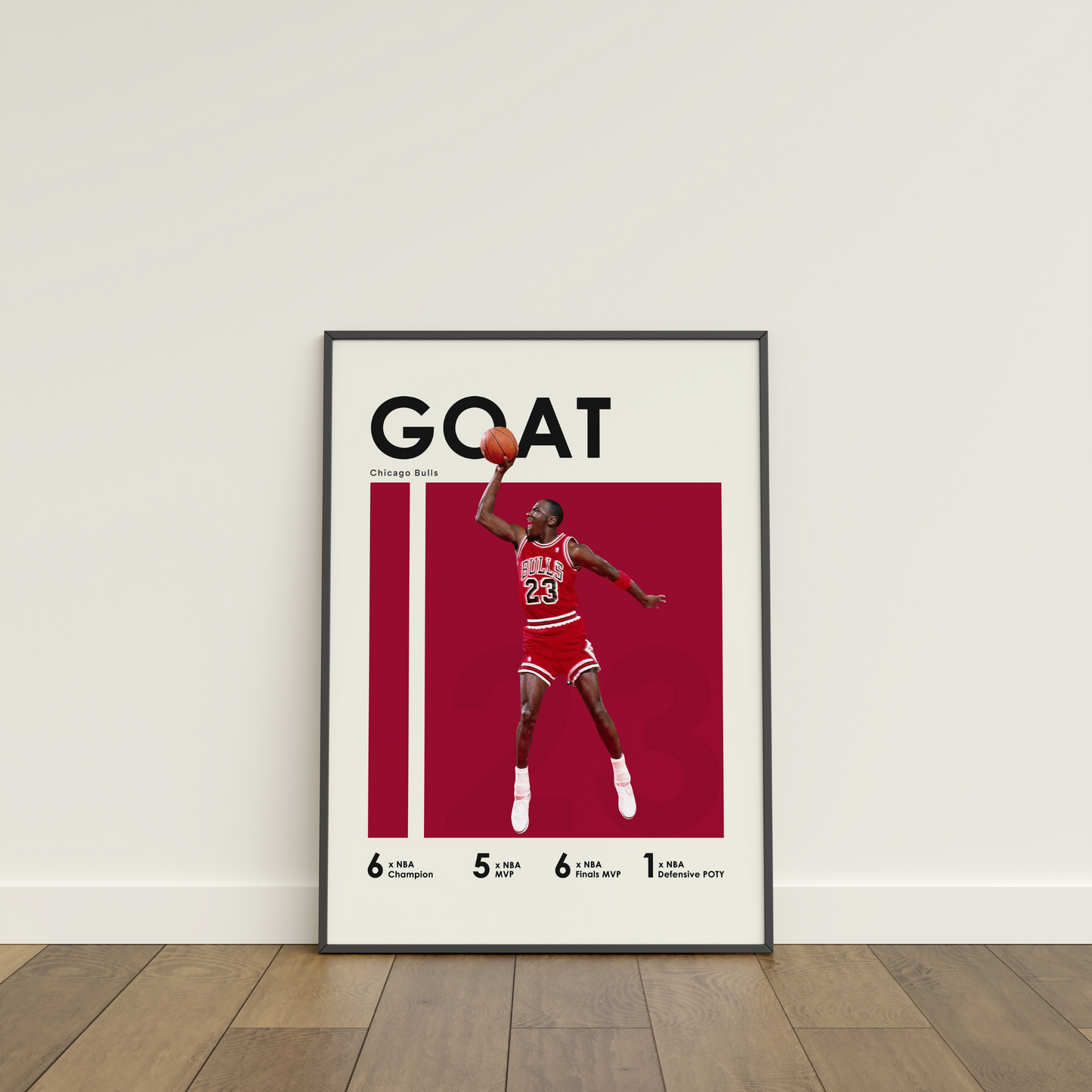 framed poster mockup of basketball player michael jordan leaning on a white wall