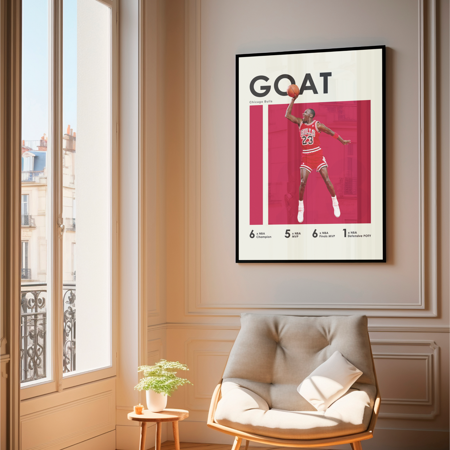 framed poster mockup of basketball player michael jordan hanging in a living room