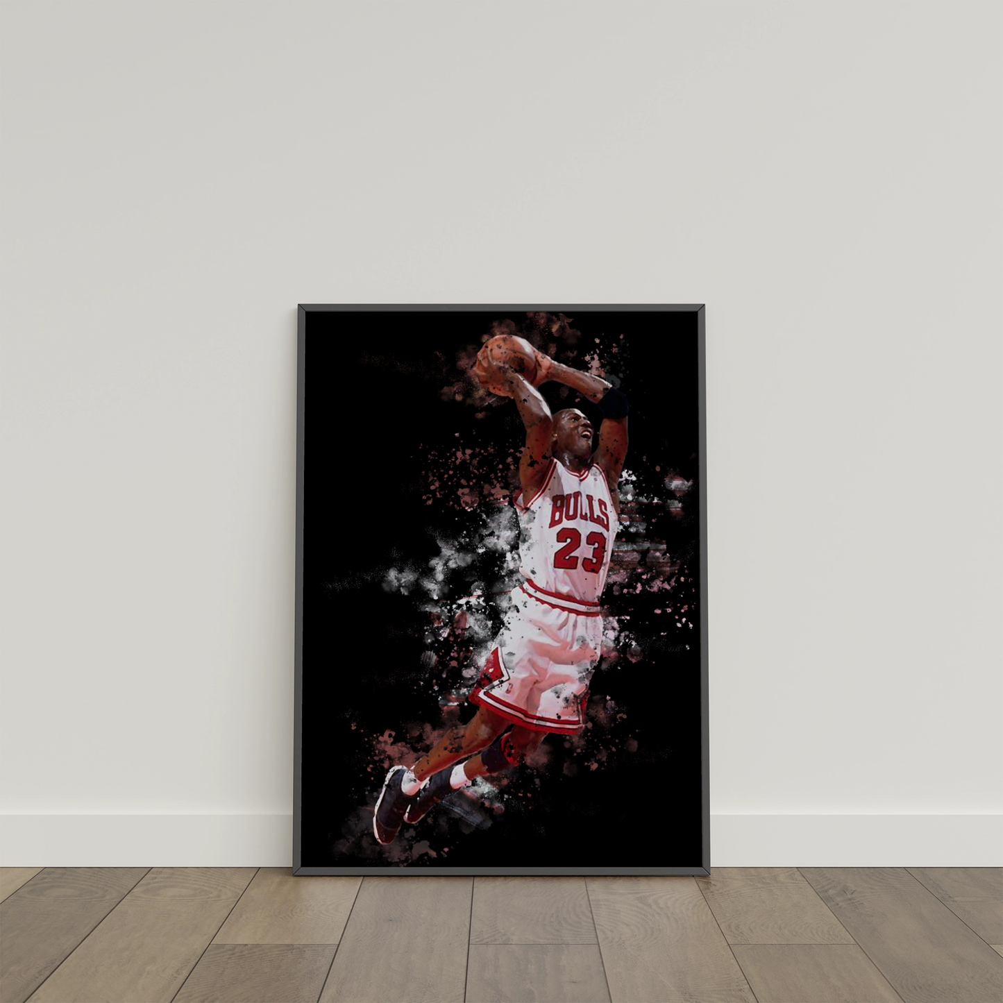 framed poster mockup of basketball player michael jordan leaning on a white wall