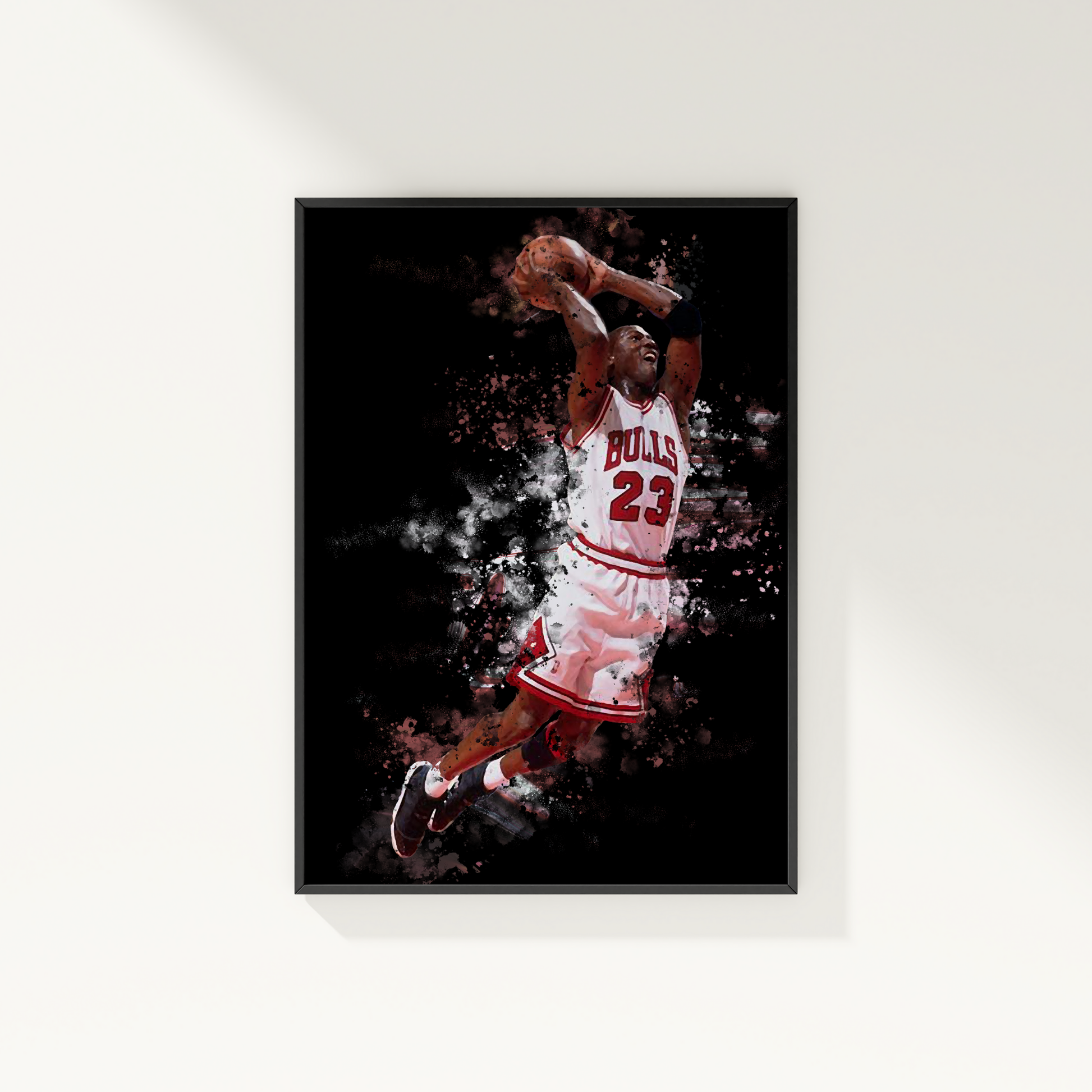 framed poster mockup of basketball player michael jordan hanging on a white wall