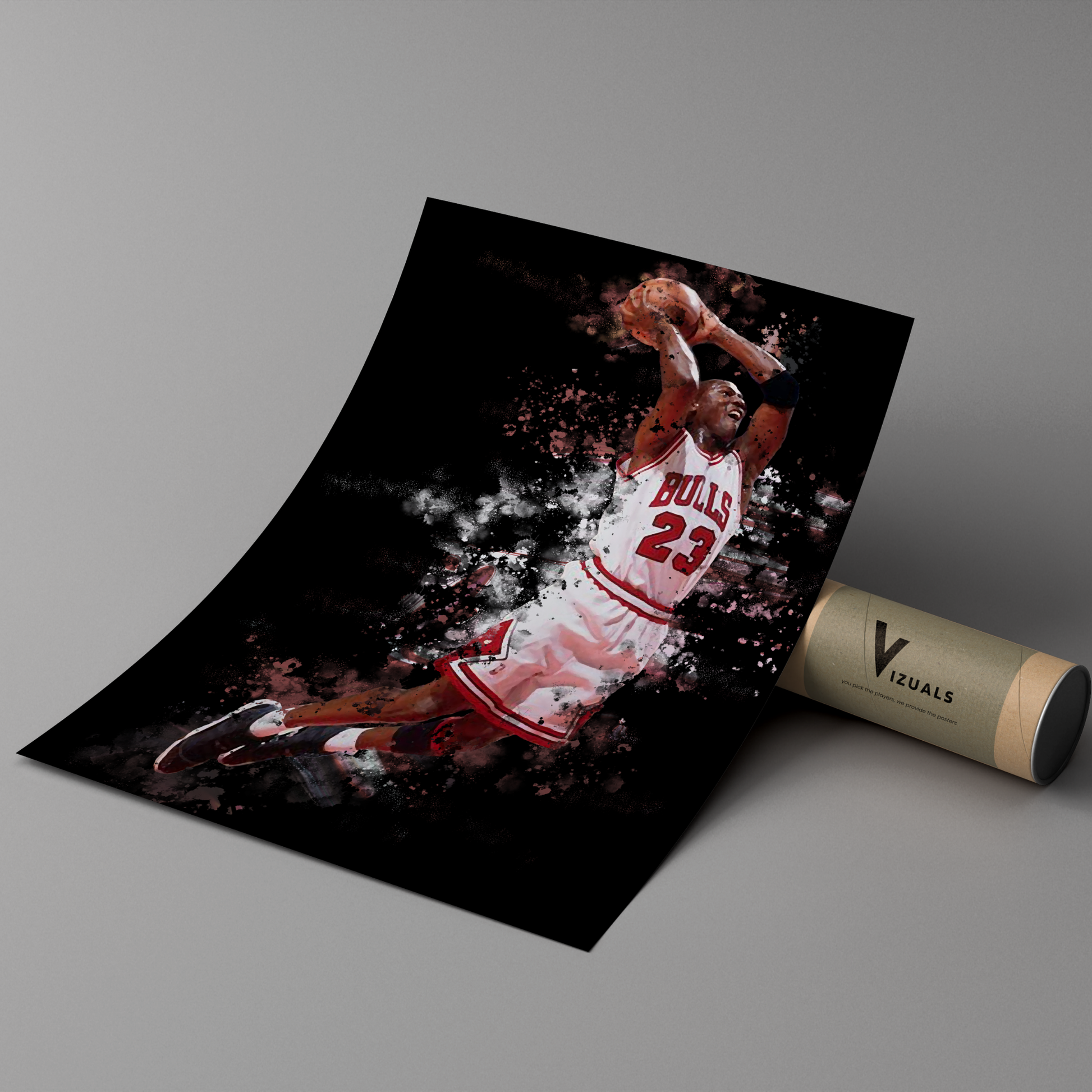 poster mockup of basketball player michael jordan leaning on a cardboard tube