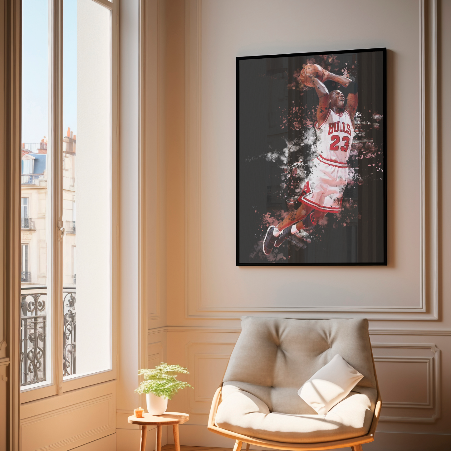 framed poster mockup of basketball player michael jordan hanging in a living room