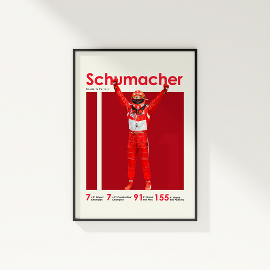 framed poster mockup of formula 1 driver michael schumacher hanging on a white wall