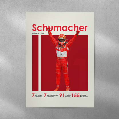 poster mockup of formula 1 driver michael schumacher on a grey wall