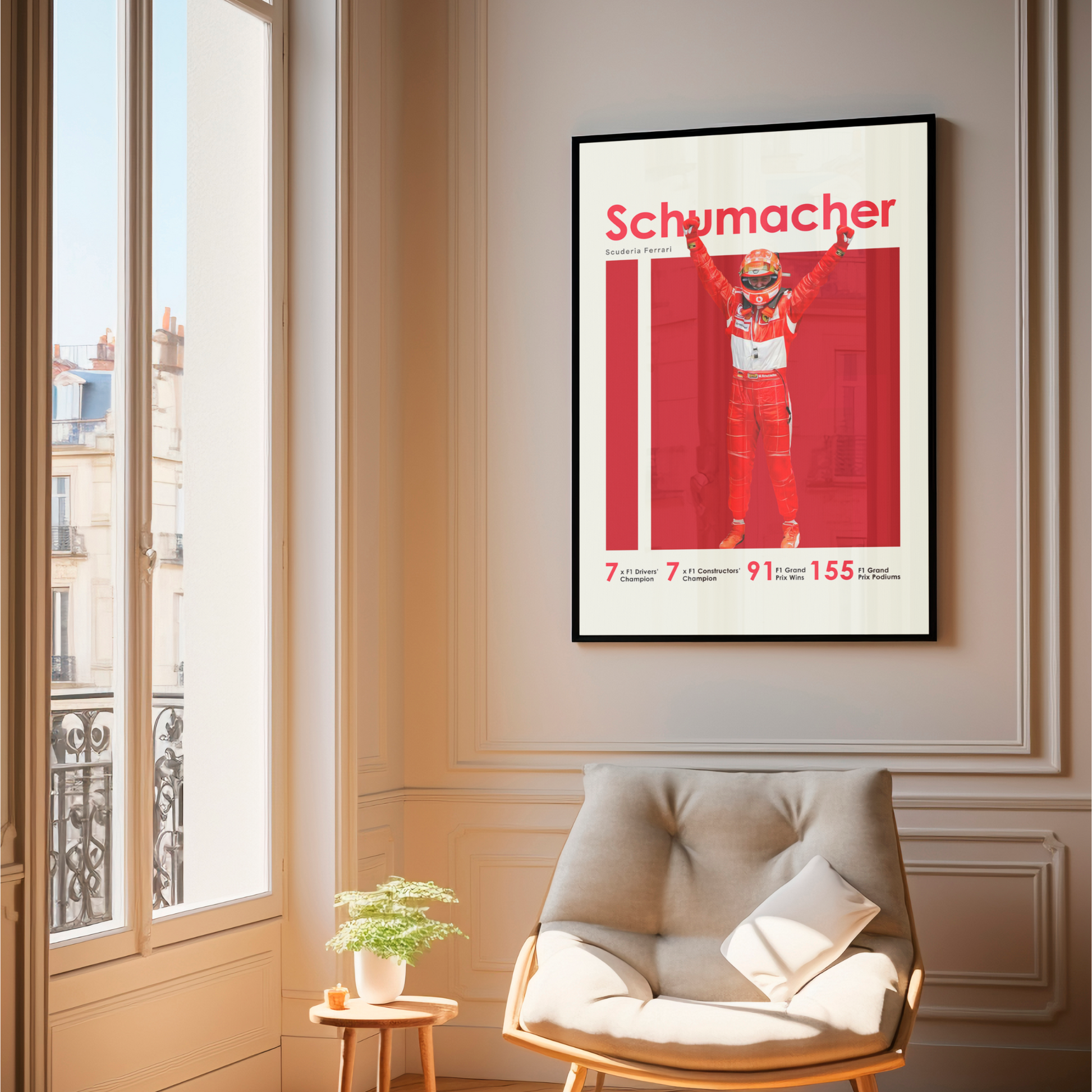 framed poster mockup of formula 1 driver michael schumacher hanging in a living room