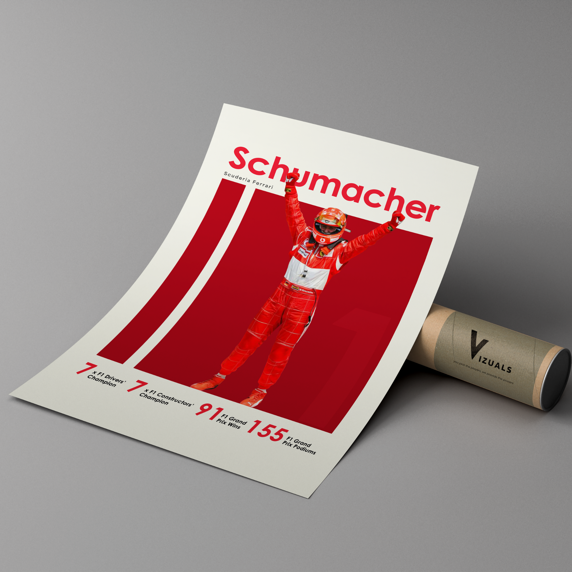 poster mockup of formula 1 driver michael schumacher leaning on a cardboard tube