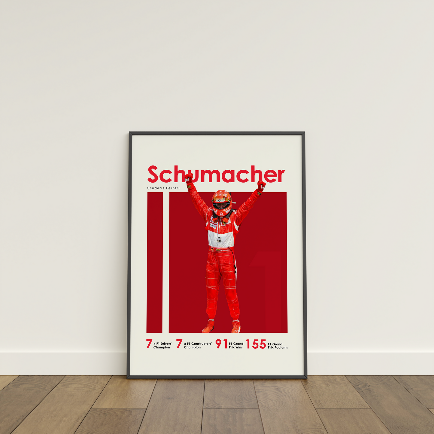 framed poster mockup of formula 1 driver michael schumacher leaning on a white wall