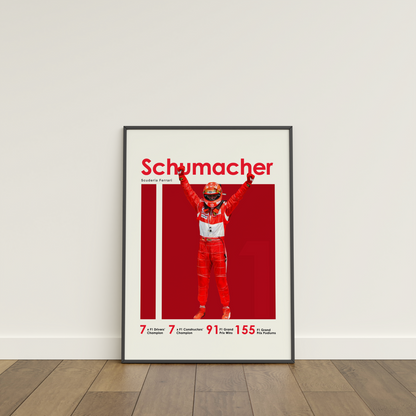 framed poster mockup of formula 1 driver michael schumacher leaning on a white wall