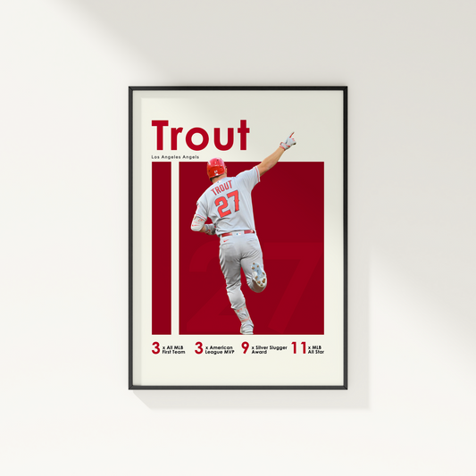 framed poster mockup of baseball player mike trout hanging on a white wall