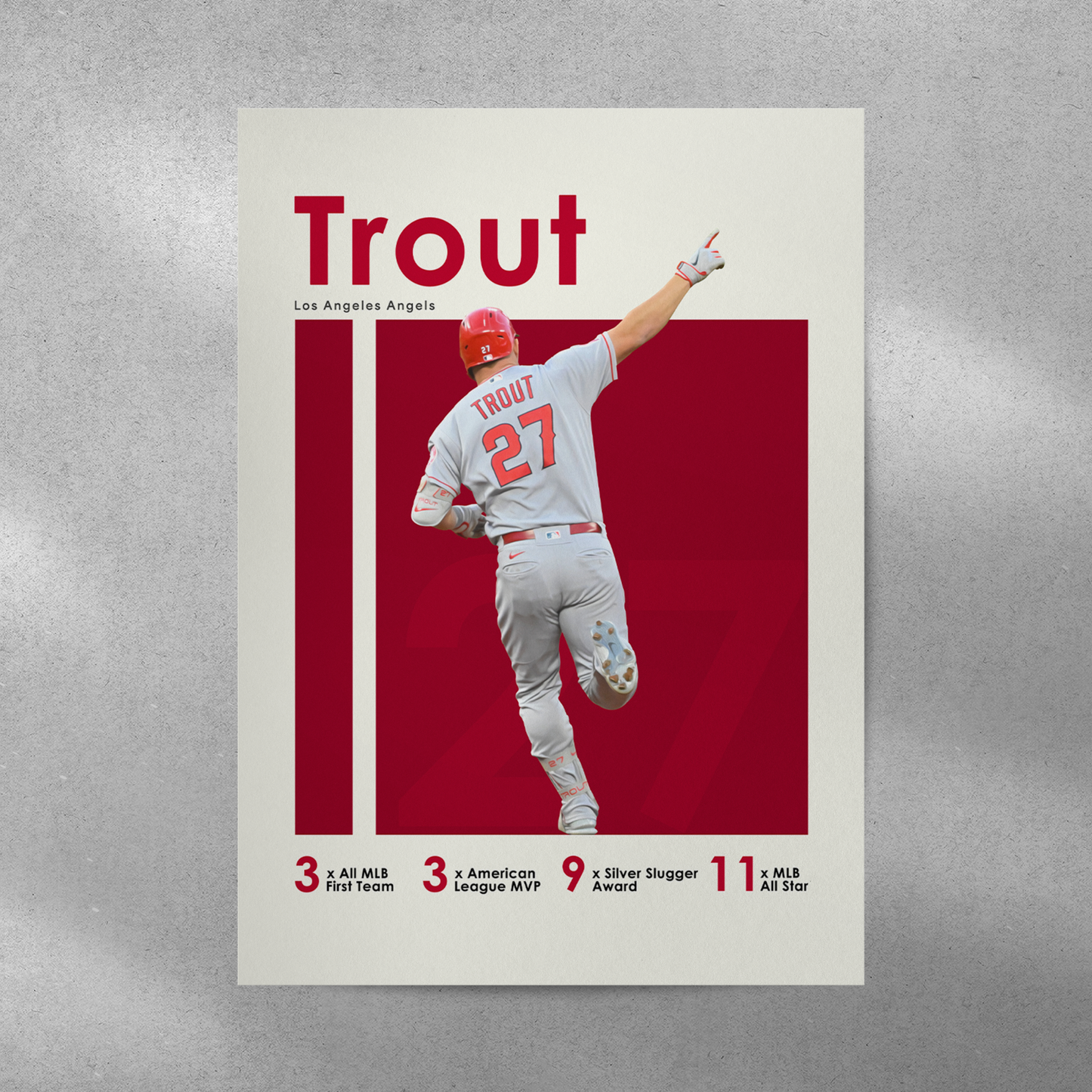 poster mockup of baseball player mike trout on a grey wall