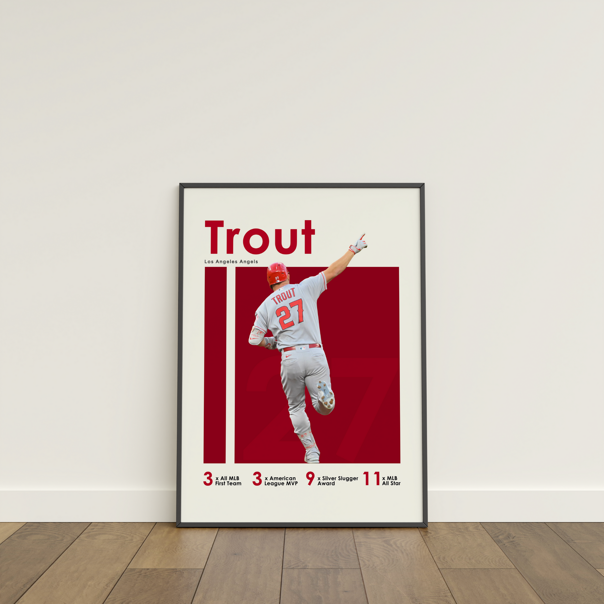 framed poster mockup of baseball player mike trout leaning on a white wall