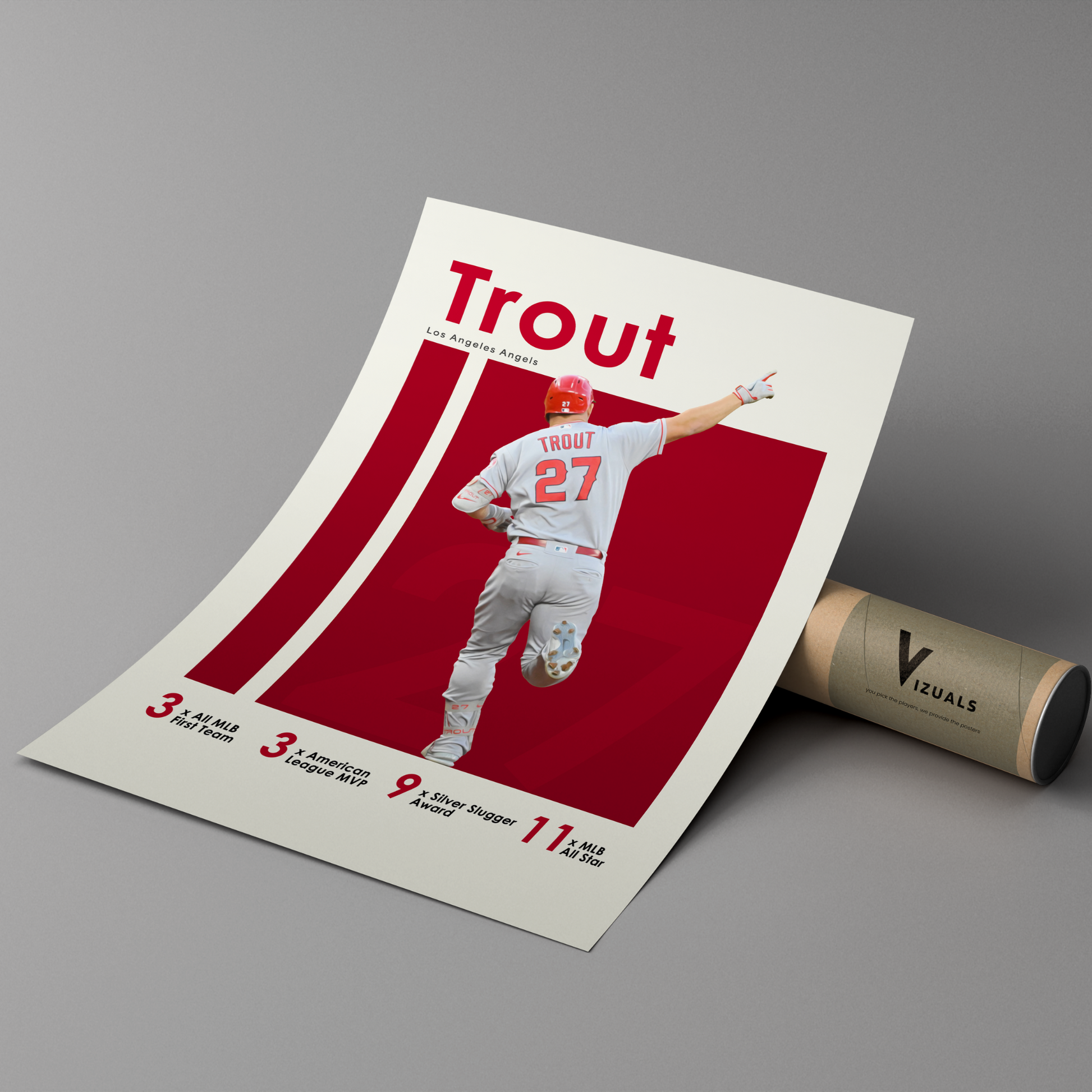 poster mockup of baseball player mike trout leaning on a cardboard tube