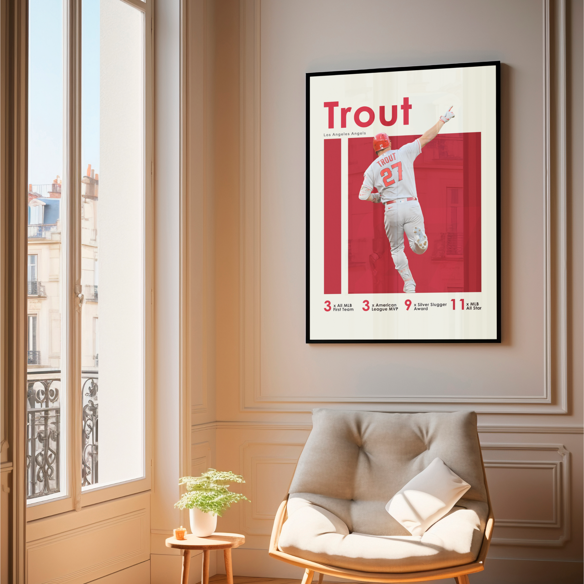 framed poster mockup of baseball player mike trout hanging in a living room