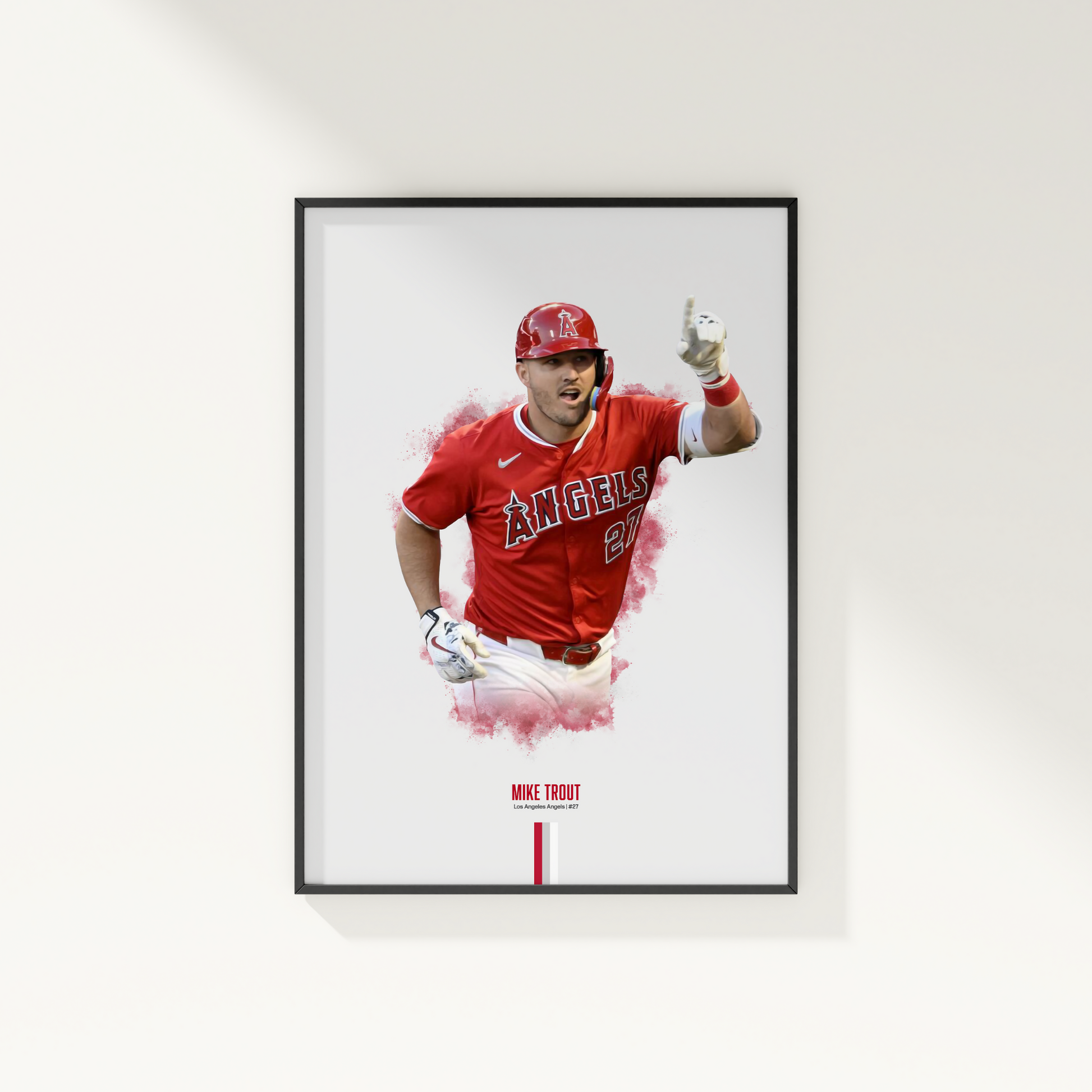 framed poster mockup of baseball player mike trout hanging on a white wall