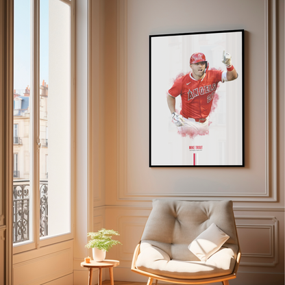 framed poster mockup of baseball player mike trout hanging in a living room