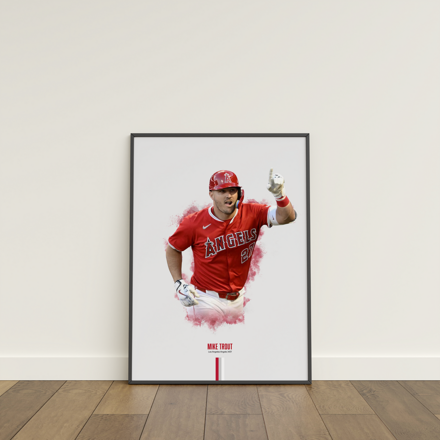 framed poster mockup of baseball player mike trout leaning on a white wall