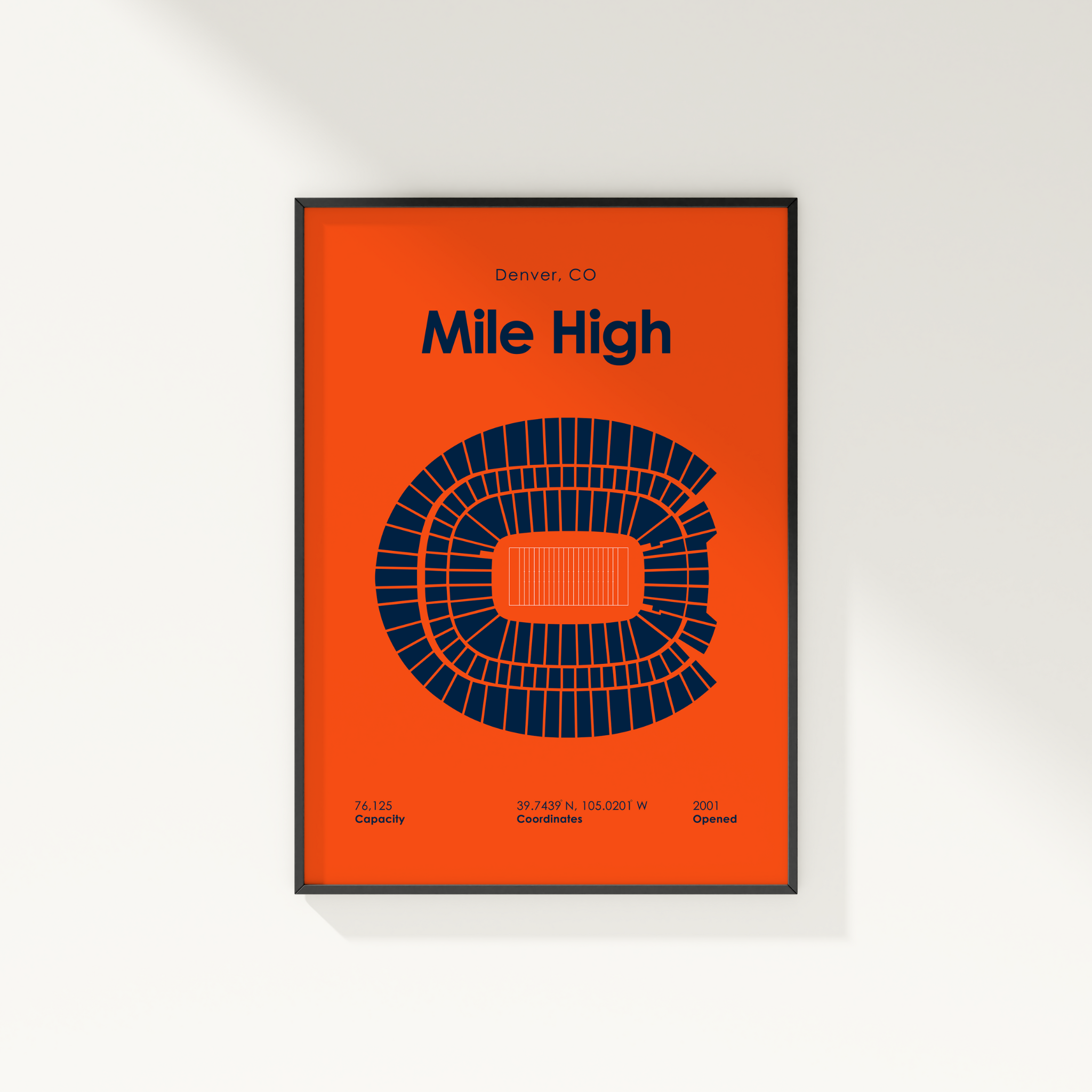 Framed poster with 'Mile High' stadium design on an orange background