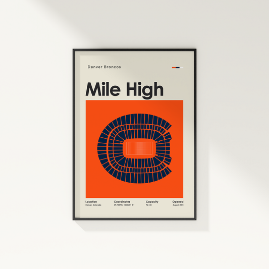 Framed poster with 'Mile High' text and stadium design on an orange background.