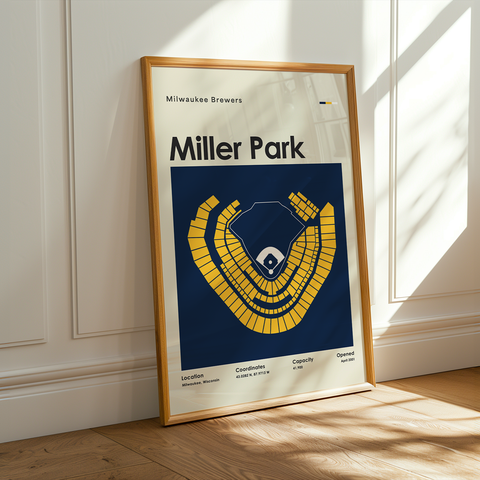 Framed poster of Miller Park with a blue and yellow design on a white wall.