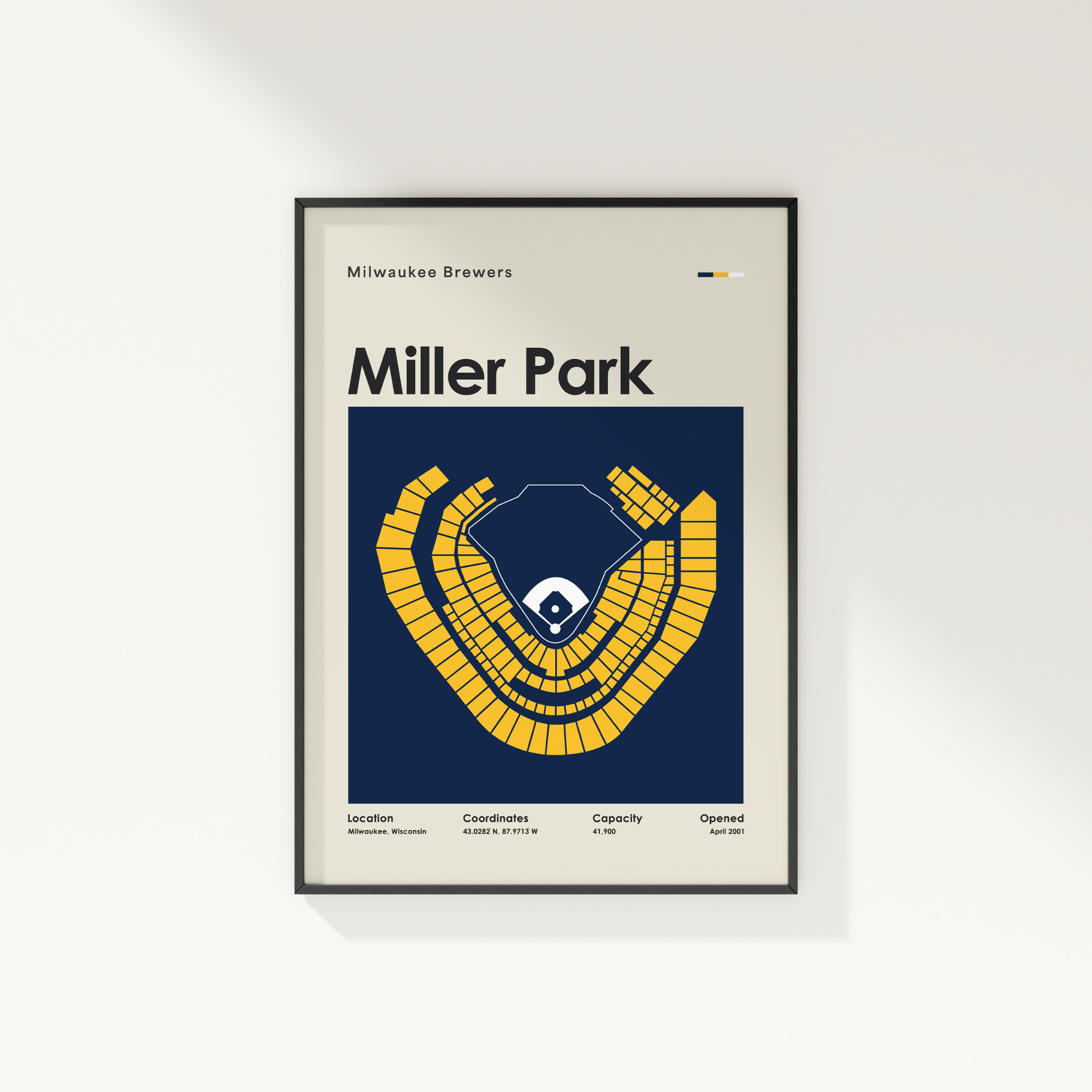 Framed poster of Miller Park with Milwaukee Brewers logo on a white background