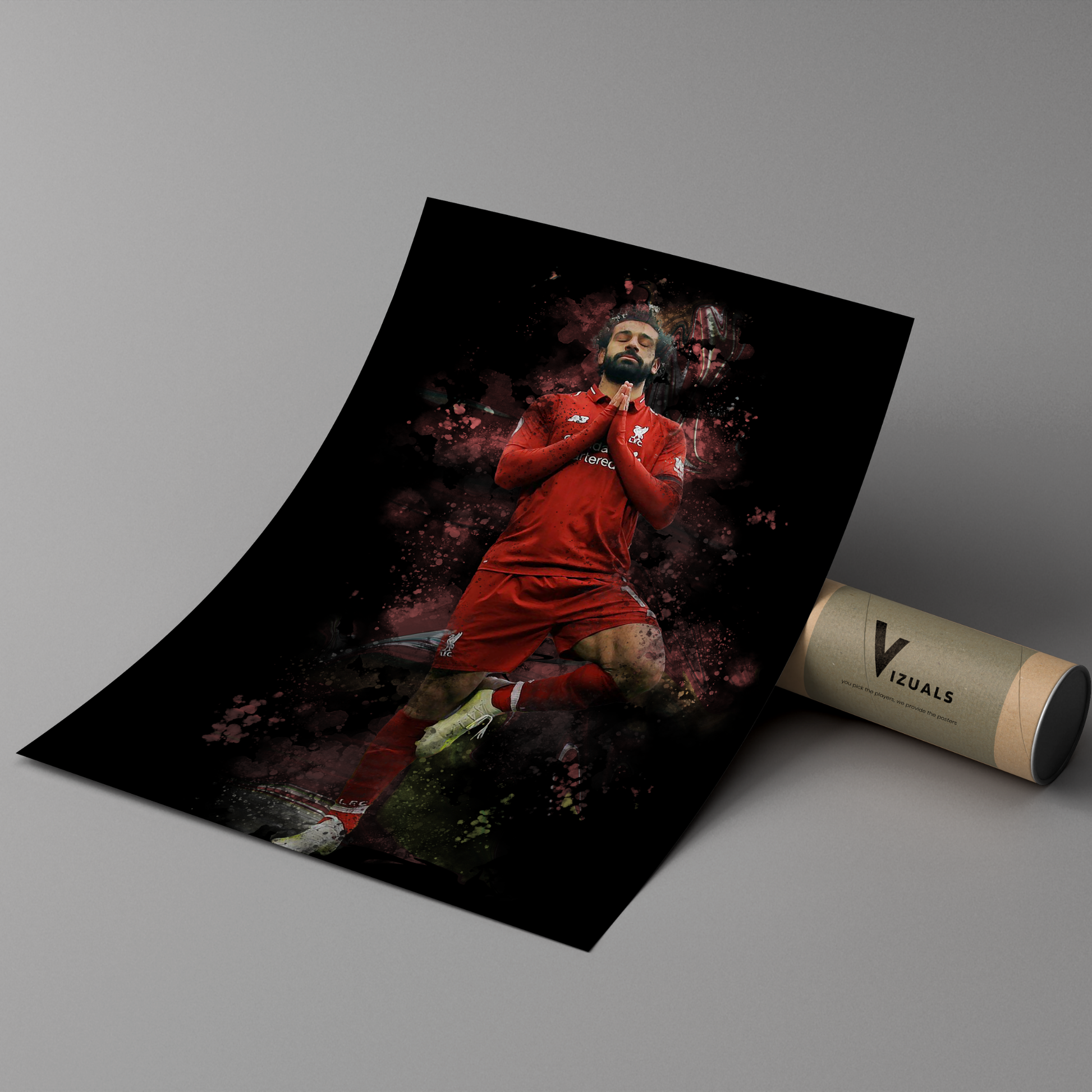 poster mockup of soccer player mo salah leaning on a cardboard tube