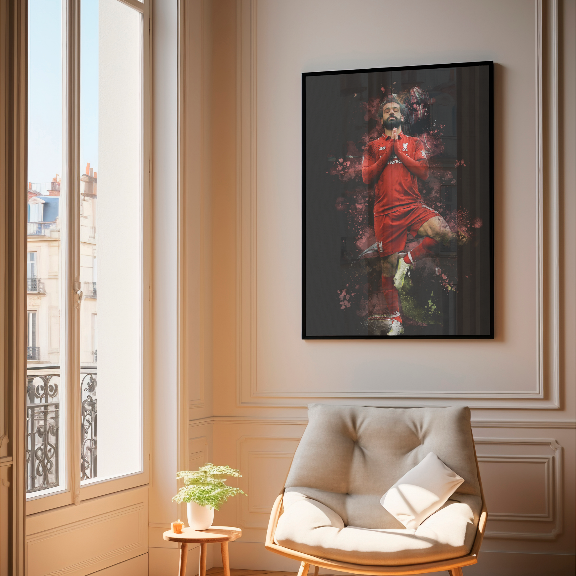 framed poster mockup of soccer player mo salah hanging in a living room