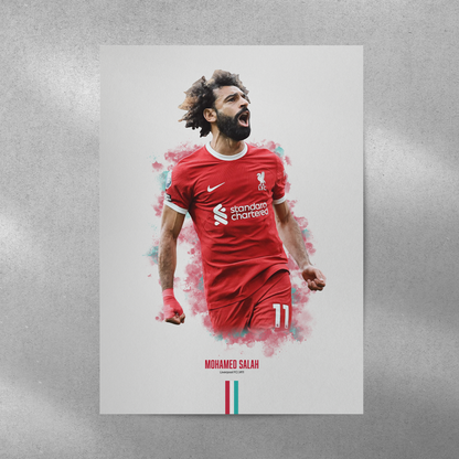 poster mockup of soccer player mo salah on a grey wall