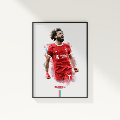 framed poster mockup of soccer player mo salah hanging on a white wall