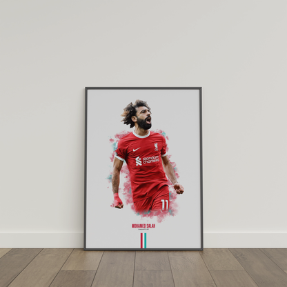 framed poster mockup of soccer player mo salah leaning on a white wall