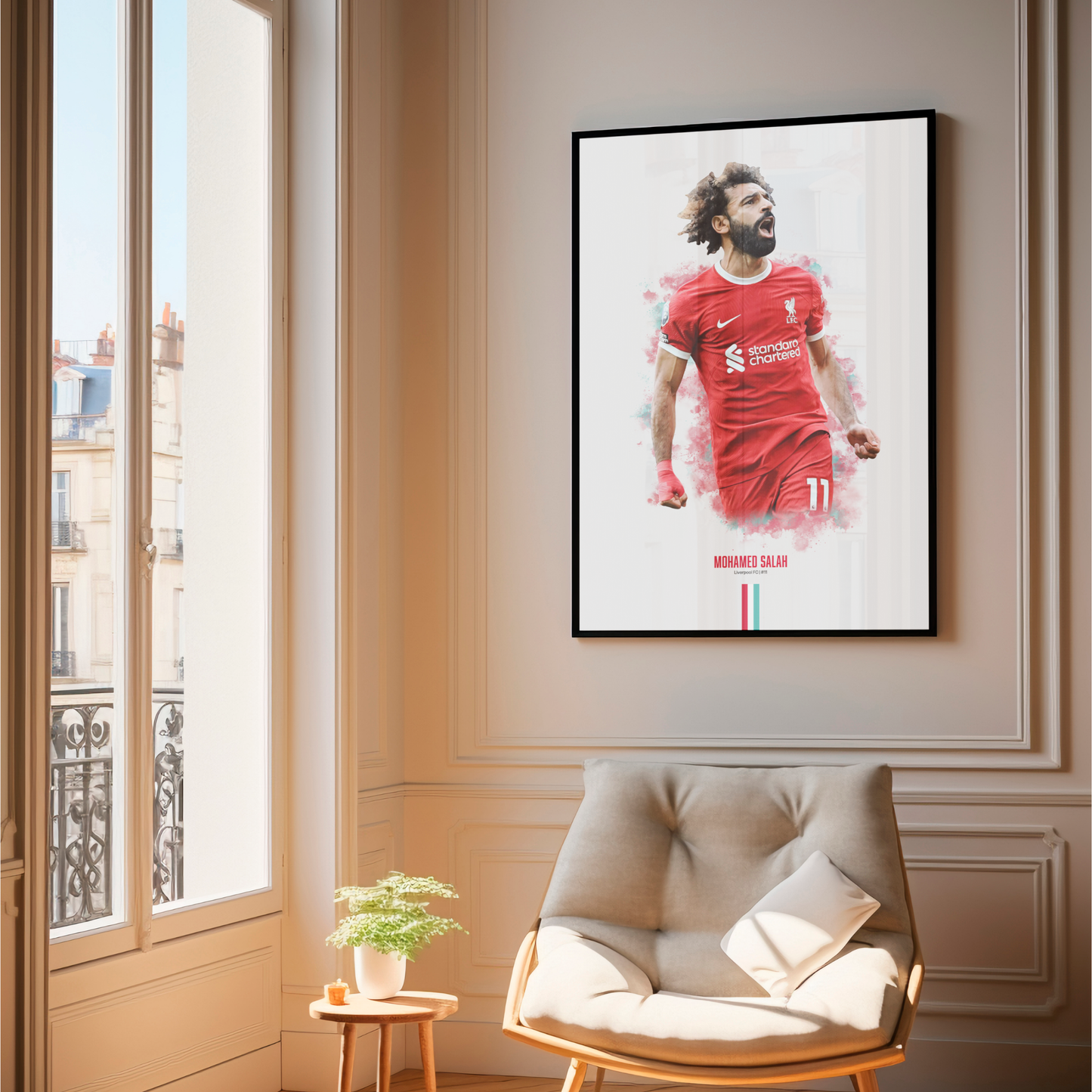 framed poster mockup of soccer player mo salah hanging in a living room