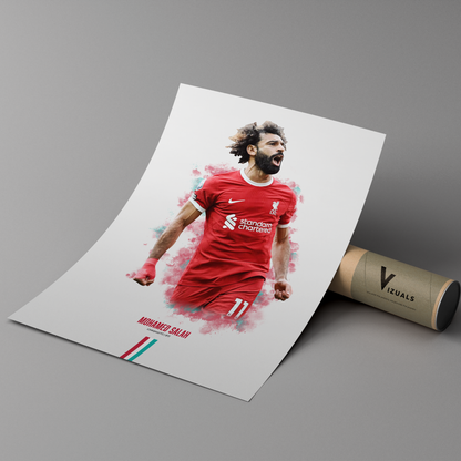 poster mockup of soccer player mo salah leaning on a cardboard tube