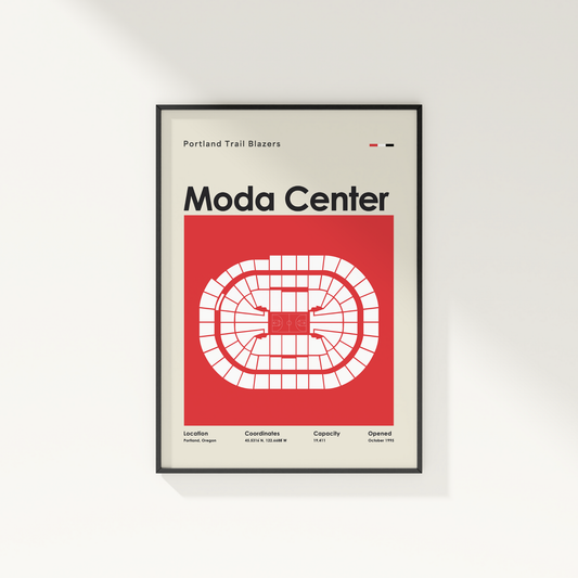 Framed poster of Moda Center with Portland Trail Blazers text on a white wall.