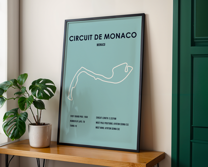 Framed poster of Circuit de Monaco on a wooden shelf with a plant
