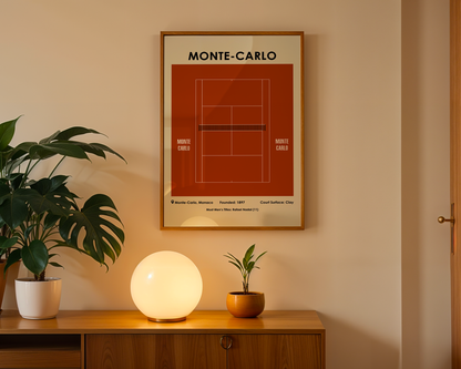 Framed poster of Monte-Carlo tennis court on a wall with a wooden cabinet and plants below.