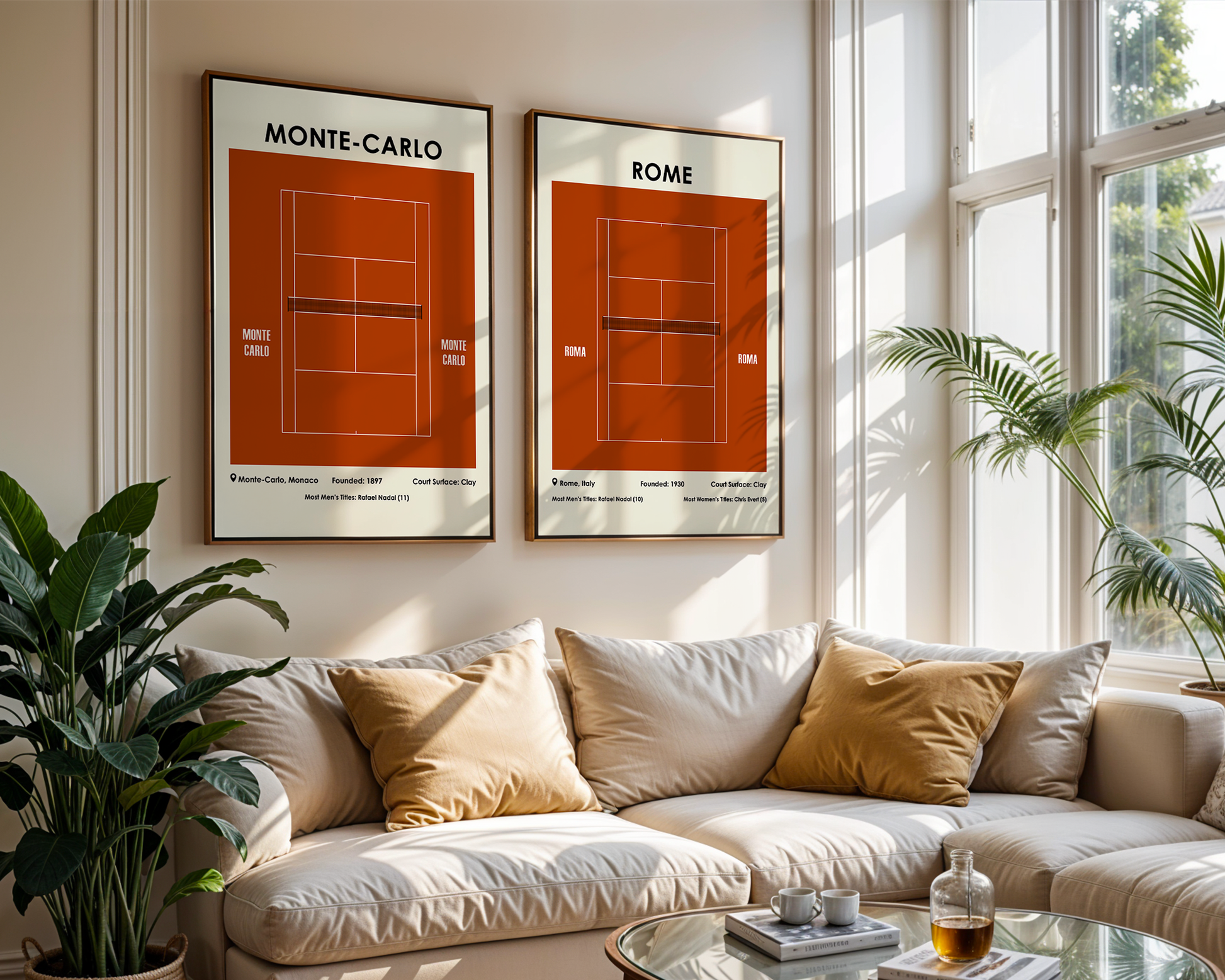 Living room with a beige sofa, decorative pillows, and framed posters of tennis courts labeled 'Monte Carlo' and 'Rome'.
