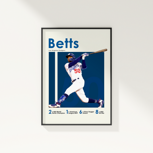 framed poster mockup of baseball player mookie betts hanging on a white wall