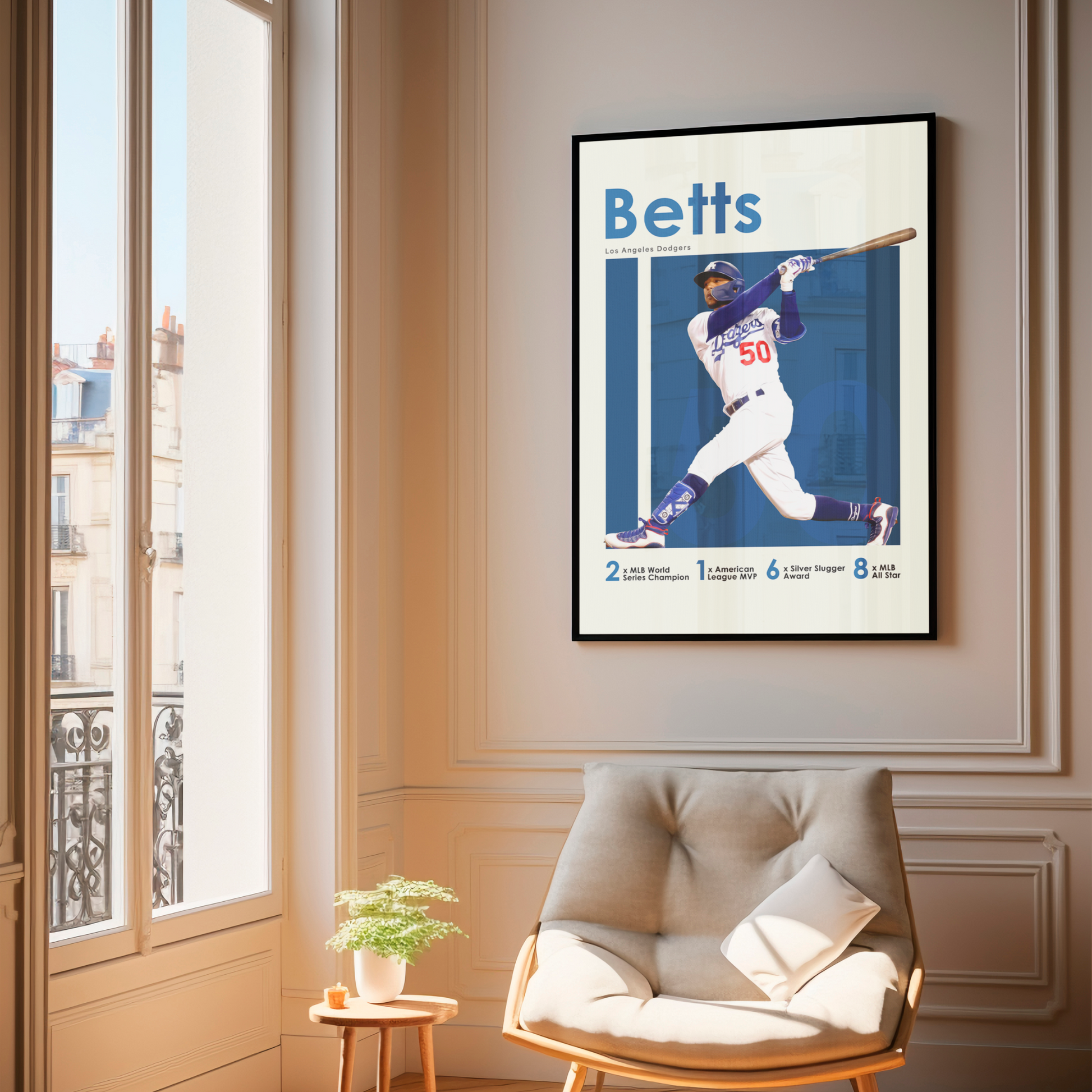 framed poster mockup of baseball player mookie betts hanging in a living room