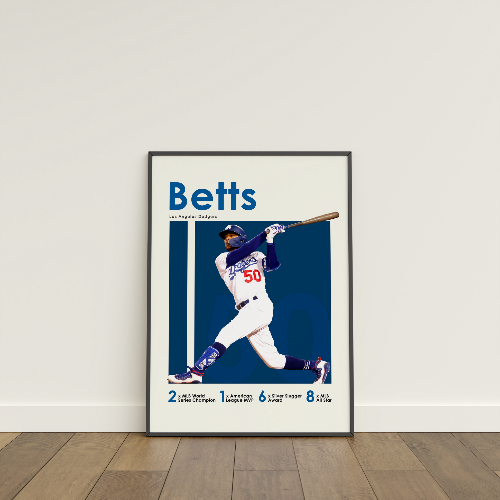 framed poster mockup of baseball player mookie betts leaning on a white wall