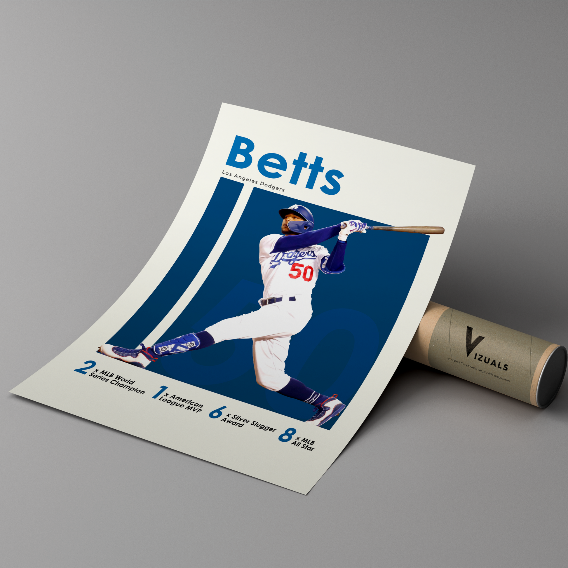 poster mockup of baseball player mookie betts leaning on a cardboard tube