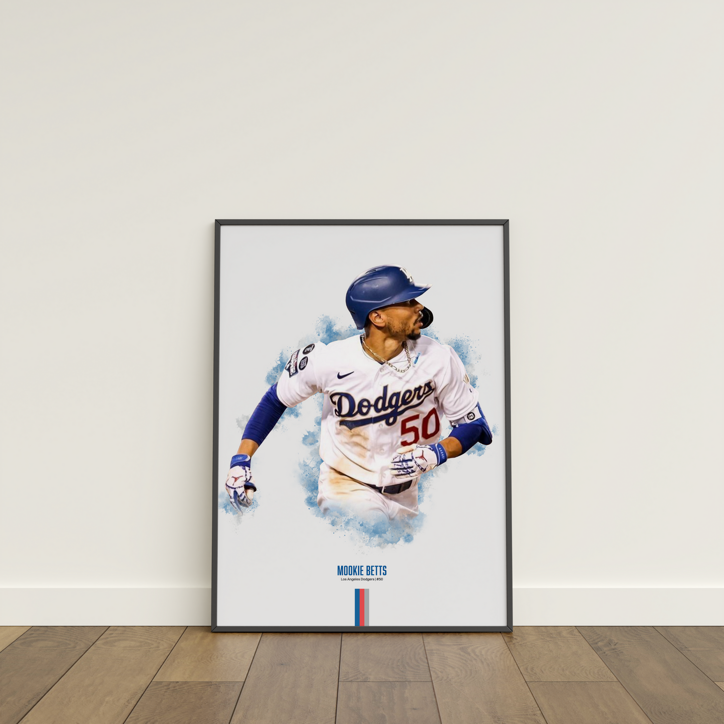 framed poster mockup of baseball player mookie betts leaning on a white wall