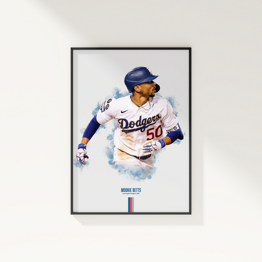 framed poster mockup of baseball player mookie betts hanging on a white wall