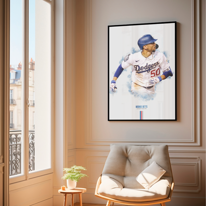 framed poster mockup of baseball player mookie betts hanging in a living room