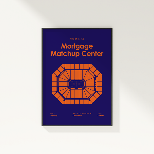Framed poster of a stadium layout with 'Mortgage Matchup Center' text on a blue background.