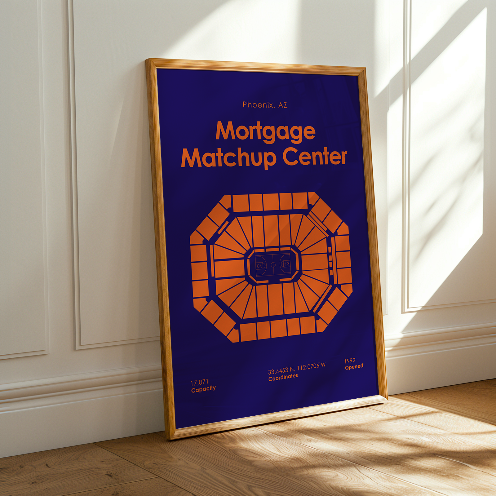 Framed poster titled 'Mortgage Matchup Center' on a wall with sunlight casting shadows.