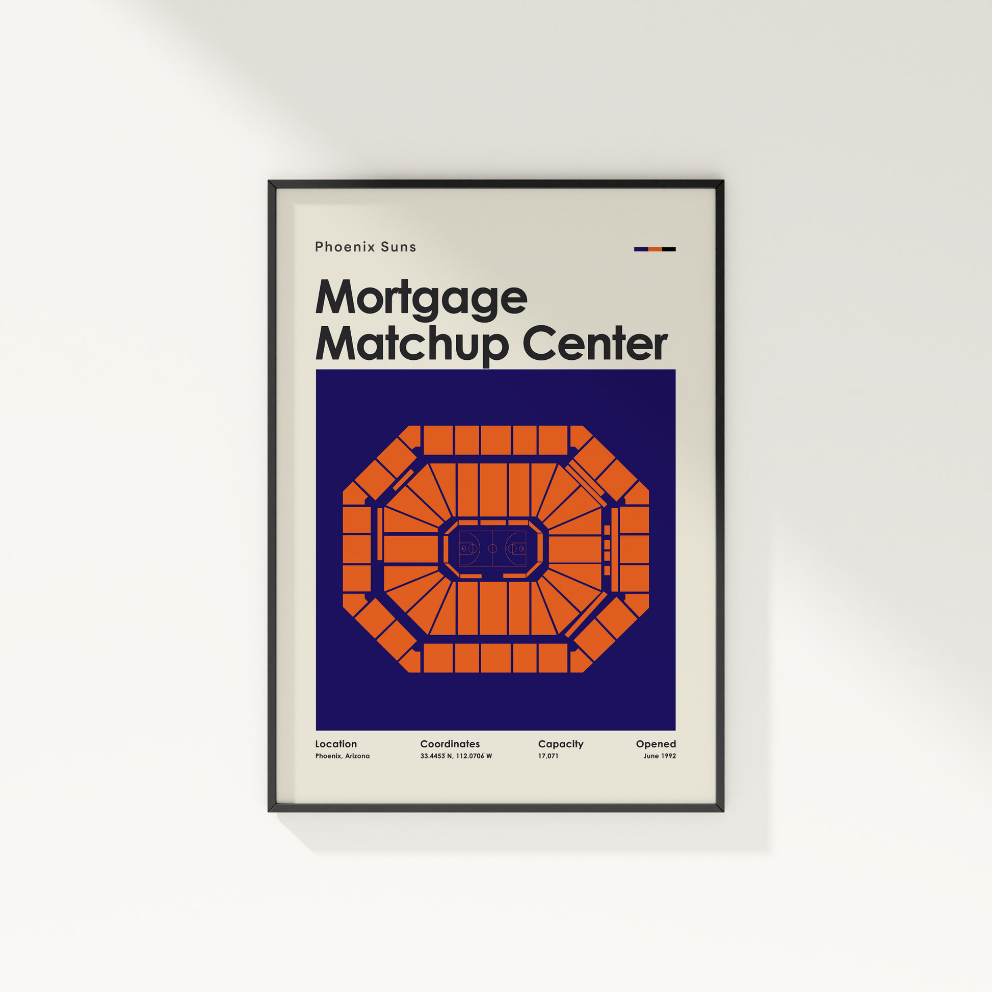 Framed poster of Phoenix Suns Mortgage Matchup Center with stadium layout design.