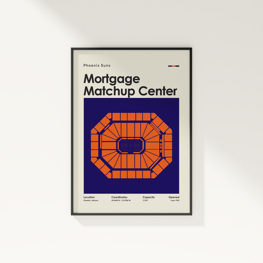 Framed poster of Phoenix Suns Mortgage Matchup Center with stadium layout design.