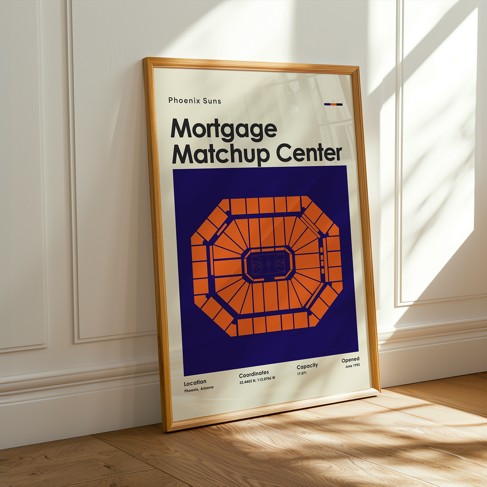 Framed poster titled 'Mortgage Matchup Center' leaning against a wall with sunlight casting shadows.