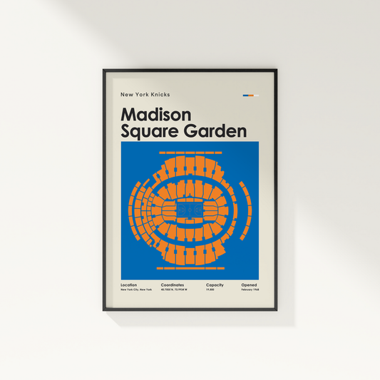 Framed poster of Madison Square Garden with blue and orange design on a white wall.