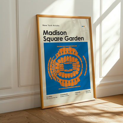 Framed poster of Madison Square Garden on a wall with sunlight casting shadows.
