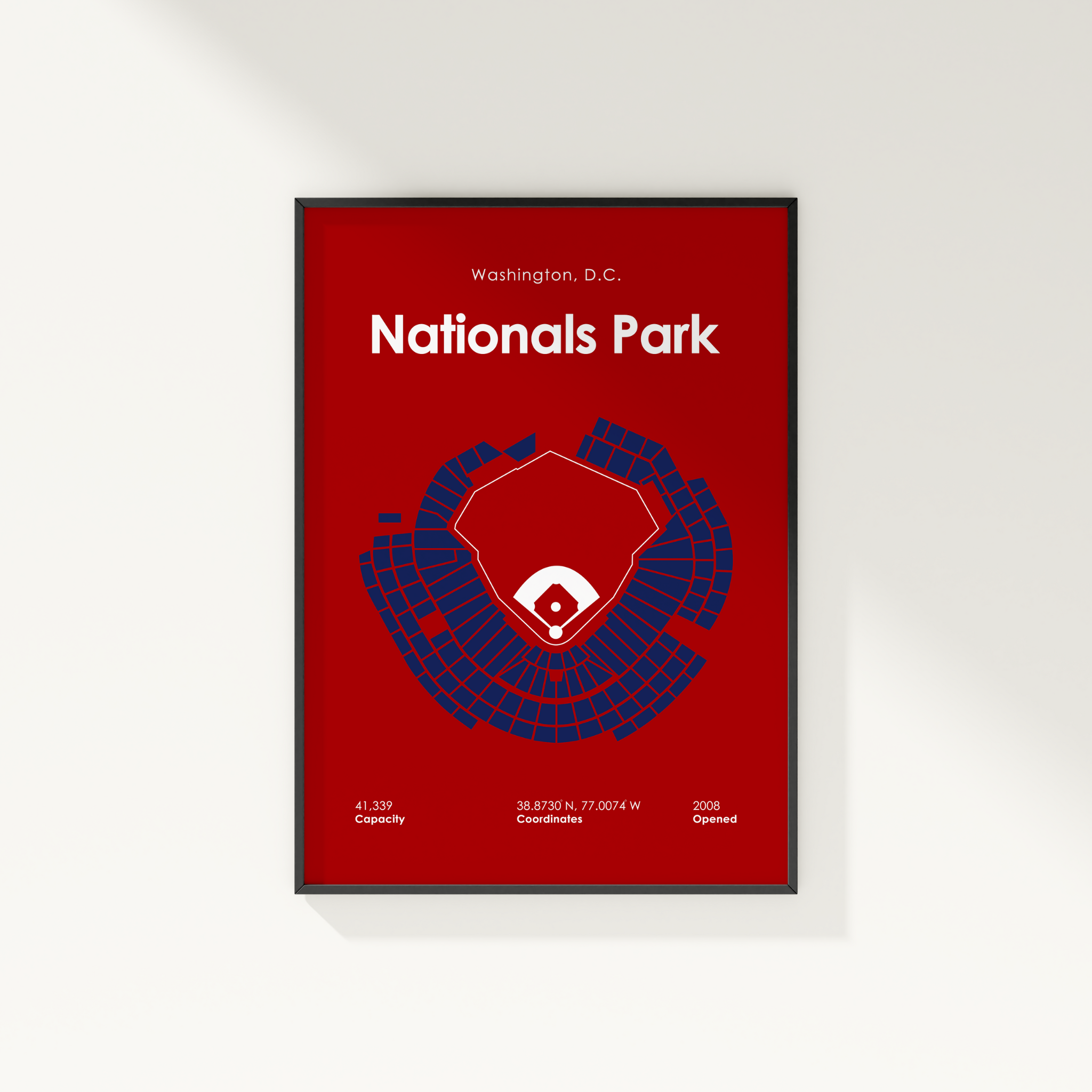 Poster of Nationals Park layout with red background and blue seating chart